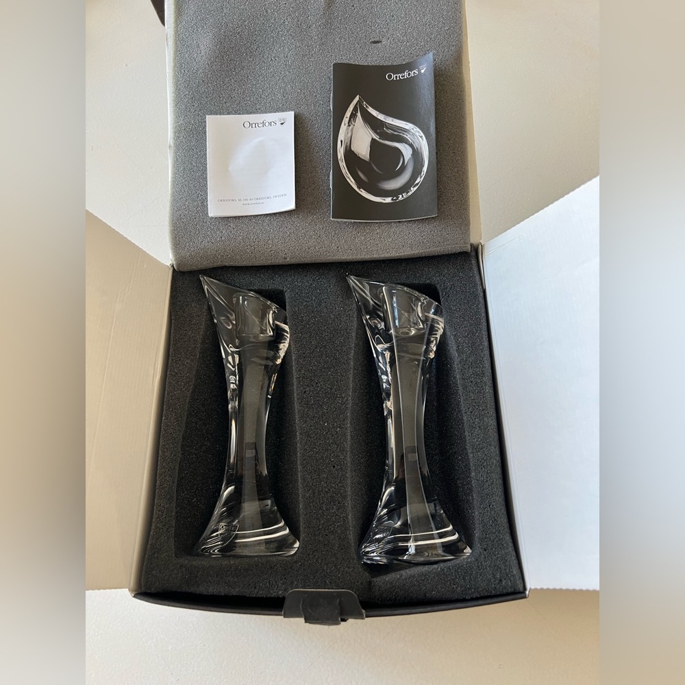 Orrefors of Sweden Pair of “Drop” Candlesticks Design by Martti Rytkonen